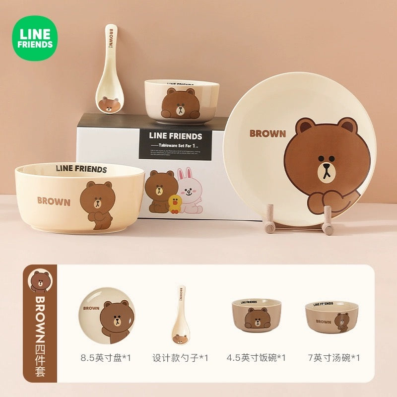 LINE FRIENDS Brown Bear & Choco Bear Ceramic Tableware For One Person 4 Gift Box