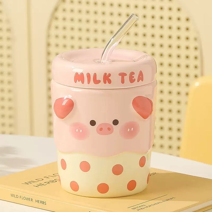 Cute Cute Milk Tea Straw Cup with Lid Ceramic Cup Glass Straw