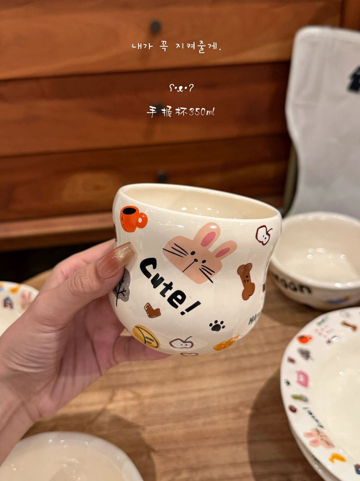 Cute Dog Series Underglaze Ceramic Tableware Set Compartment Plate Dinner Plate Rice Bowl Hand-held Cup