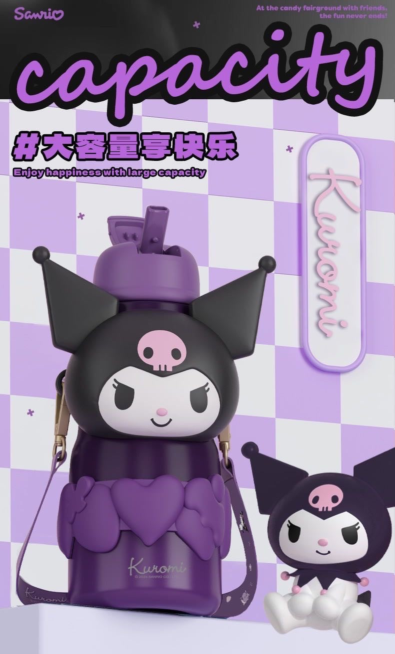Sanrio Series 316 Stainless Steel Straw Thermos Cup Keep Warm Keep Cold Crossbody Printed + 3D Cup Sleeve