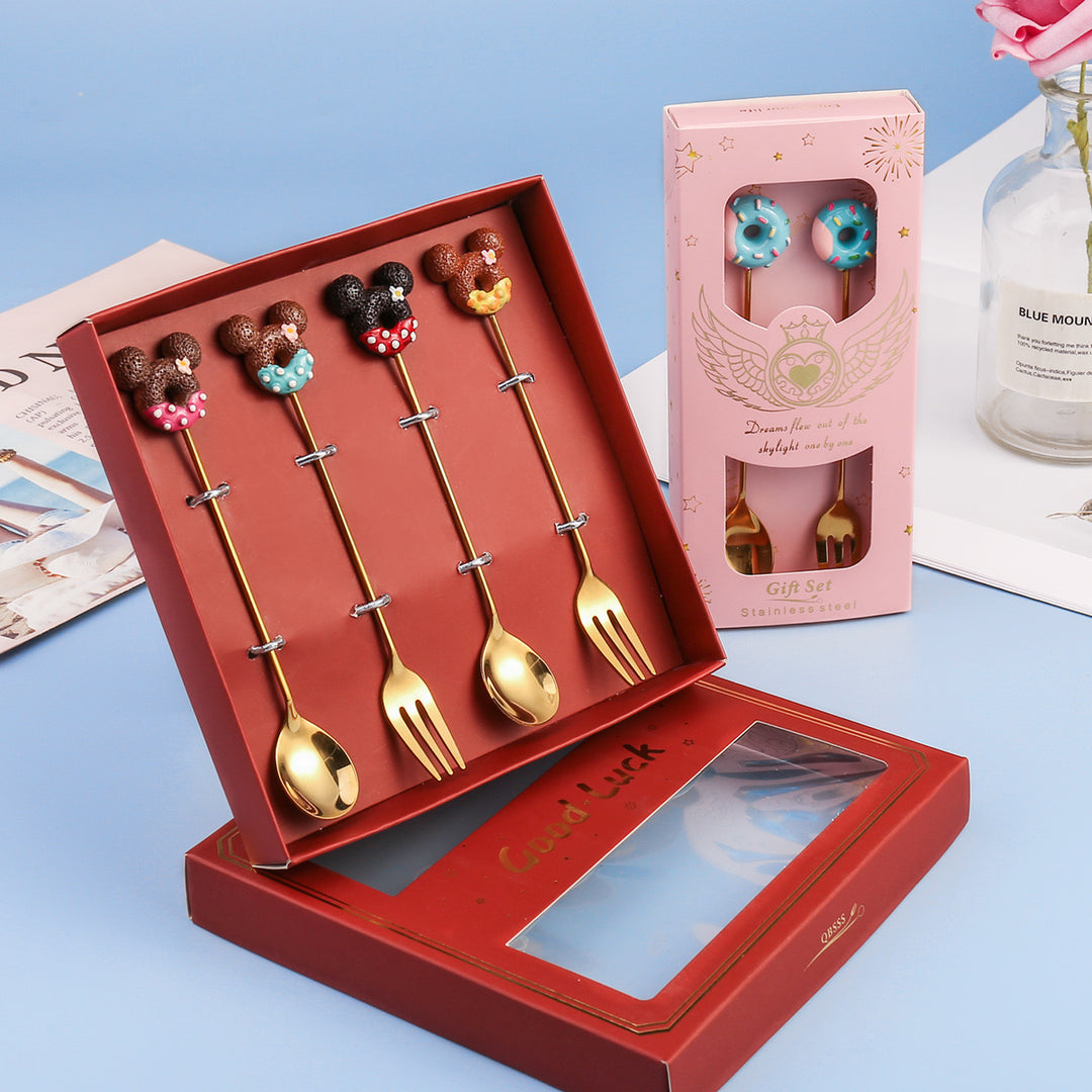 Mickey 304 Stainless Steel Gold Coffee Spoon Fruit Fork 2-Piece Set