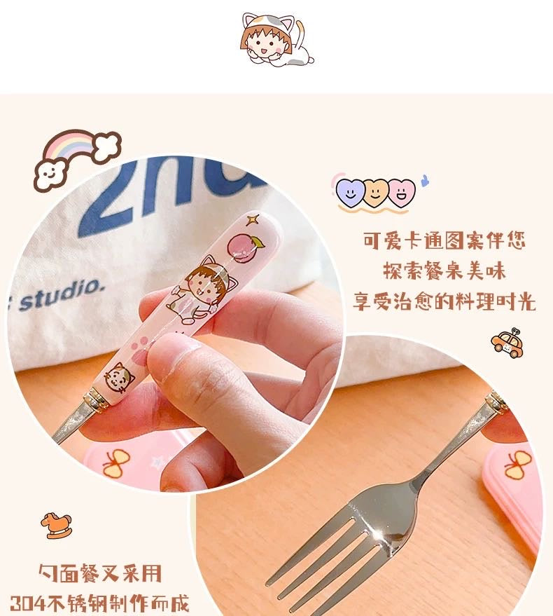 Chibi Maruko-chan 3-Piece Set Portable Tableware Set Stainless Steel Spoon +Fork +Chopsticks Pink Set