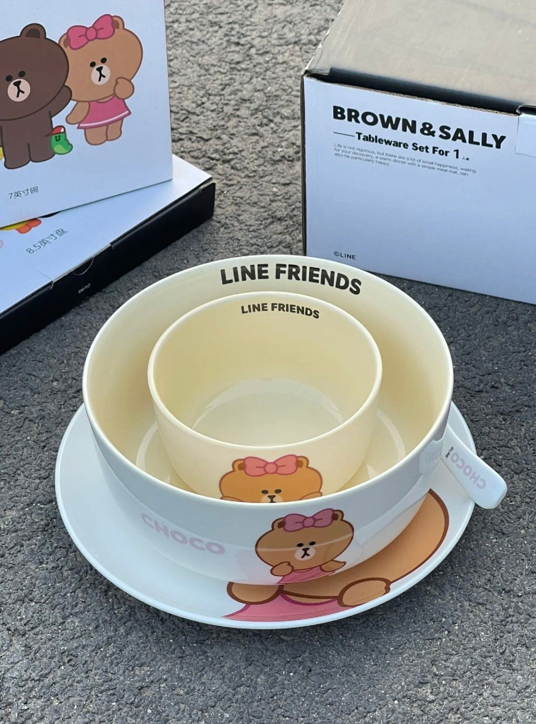 LINE FRIENDS Brown Bear & Choco Bear Ceramic Tableware For One Person 4 Gift Box