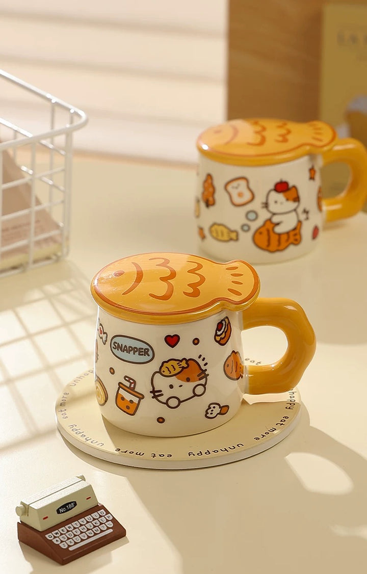 Cat Mug with Lid Ceramic Cup Underglaze Heat Resistant