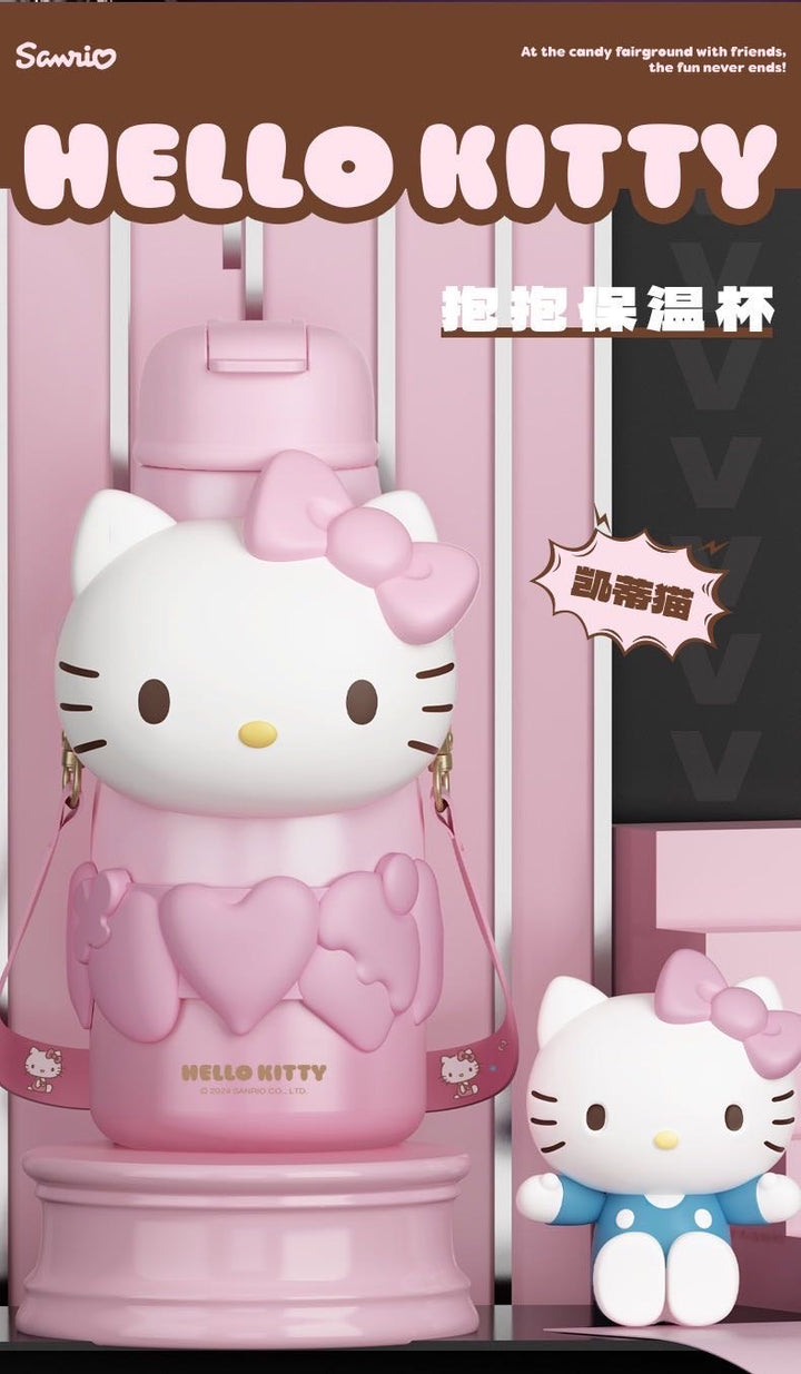 Sanrio Series 316 Stainless Steel Straw Thermos Cup Keep Warm Keep Cold Crossbody Printed + 3D Cup Sleeve