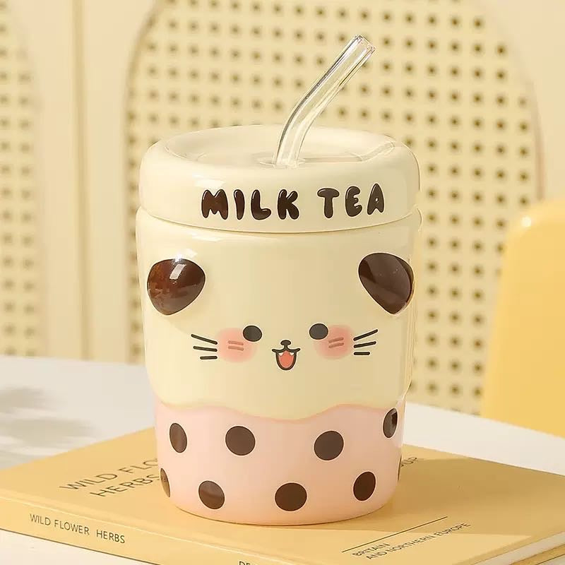 Cute Cute Milk Tea Straw Cup with Lid Ceramic Cup Glass Straw