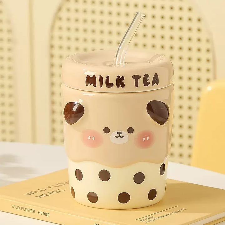 Cute Cute Milk Tea Straw Cup with Lid Ceramic Cup Glass Straw