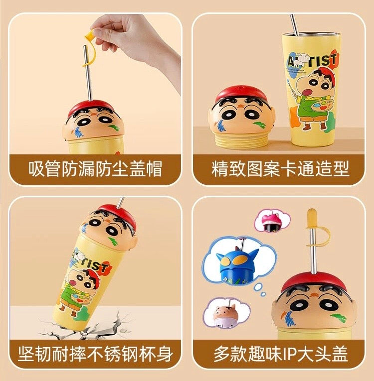 Crayon Shin-chan Series Stainless Steel Thermos Cup Keep Warm Keep Cold Ice Cup 600ml Straw