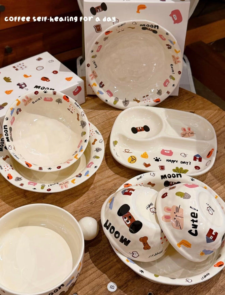 Cute Dog Series Underglaze Ceramic Tableware Set Compartment Plate Dinner Plate Rice Bowl Hand-held Cup