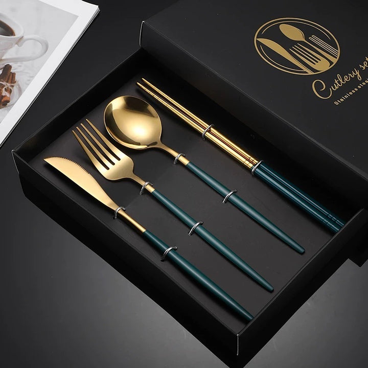 Stainless Steel Tableware Spoon & Fork Knife Chopsticks 4-Piece Set