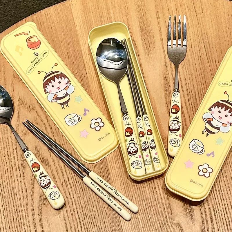 Chibi Maruko-chan 3-Piece Set Portable Tableware Set Stainless Steel Spoon +Fork +Chopsticks Pink Set