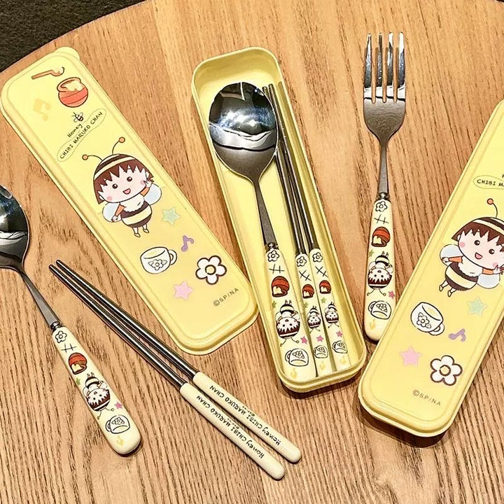 Chibi Maruko-chan 3-Piece Set Portable Tableware Set Stainless Steel Spoon +Fork +Chopsticks Pink Set