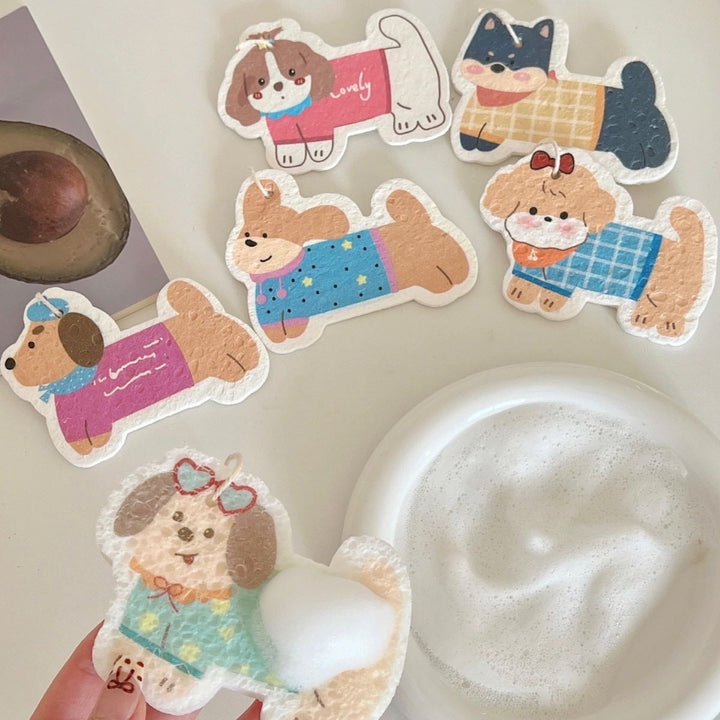 Cute Dog 1 Set 3 Cute Lanyard Wood Pulp Sponge Dish Sponge Cup Scouring Pad