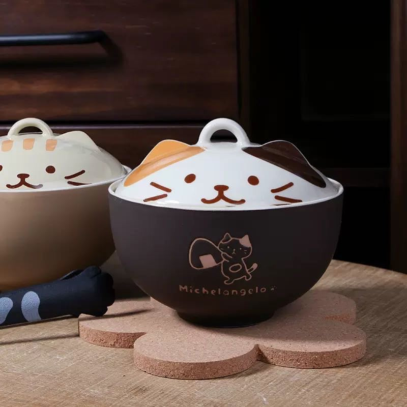 Cute Cat Ceramic Large Capacity with Lid Soup Bowl Noodle Bowl