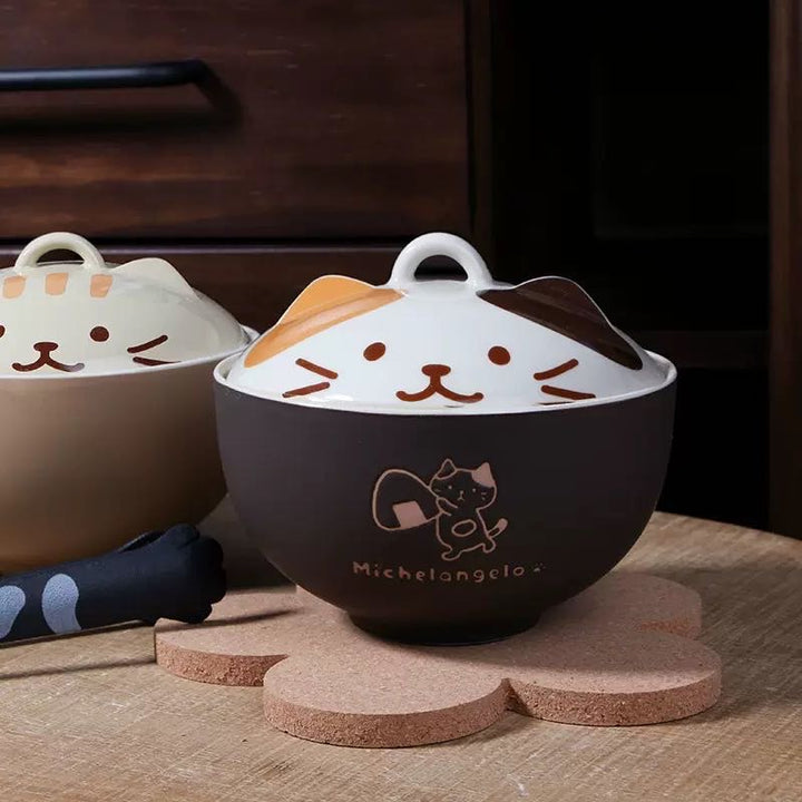 Cute Cat Ceramic Large Capacity with Lid Soup Bowl Noodle Bowl