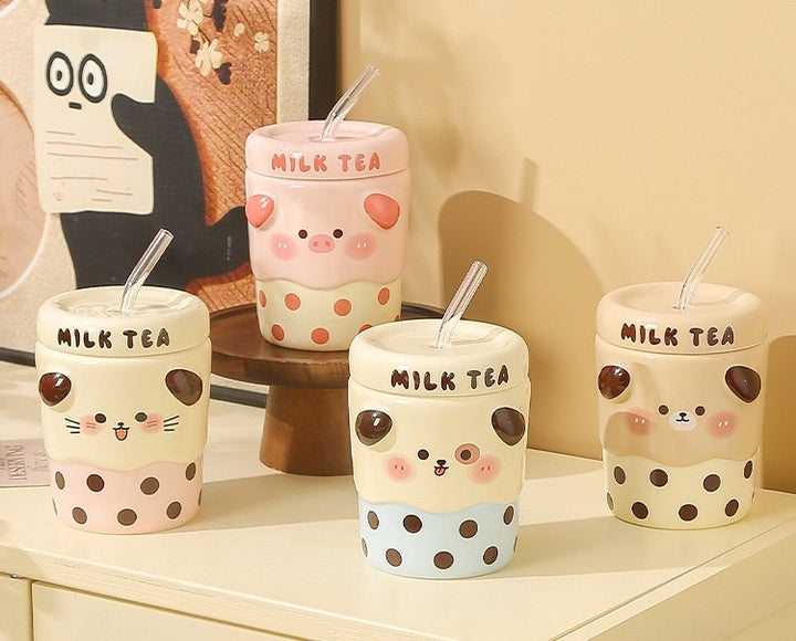 Cute Cute Milk Tea Straw Cup with Lid Ceramic Cup Glass Straw